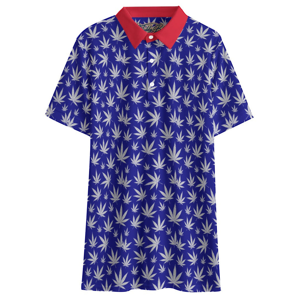 Shop the Hazy Americano Short Golf Polo by Teddy Blaze. 145 GSM blue & red birdseye performance polo with white leaf print from TEDDY FORE!.