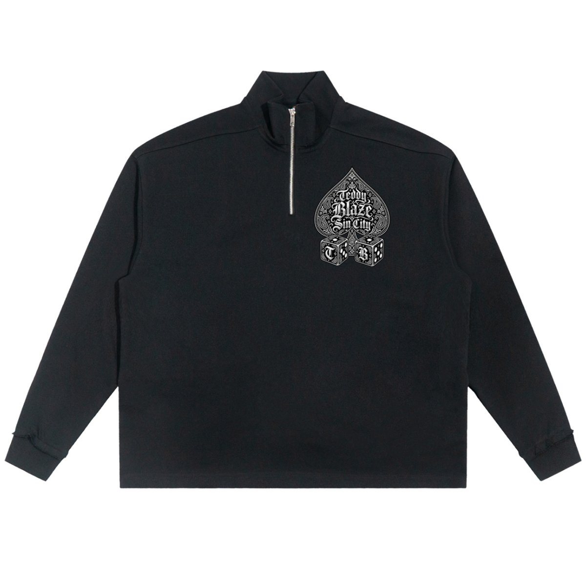 Elevate your athletic layering with the House of Teddy Blaze High Roller Fleece Quarter Zip. Black 450 gsm fleece, stand collar, quarter zipper, Ace of Spades graphic, and Sin City dice print. Shop NYC to Vegas style.