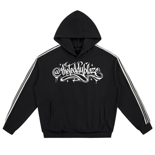 Elevate your athletic layering with the House of Teddy Blaze High Roller Side Stripe Fleece Hoodie. Black 350 gsm fleece, contrast side stripes, graffiti chest logo, and Ace of Spades back graphic. Shop NYC to Vegas style.