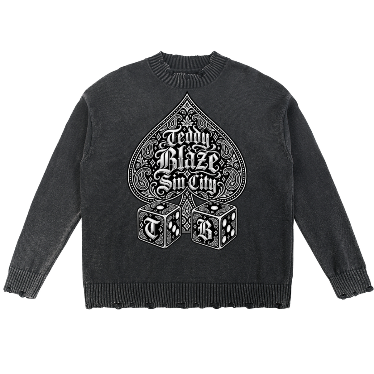 Elevate your knitwear with the House of Teddy Blaze High Roller Vintage Washed Hand-Frayed Cotton Sweater. Charcoal cotton knit, hand-frayed trim, Ace of Spades graphic, and Sin City dice print. Shop NYC to Vegas style.