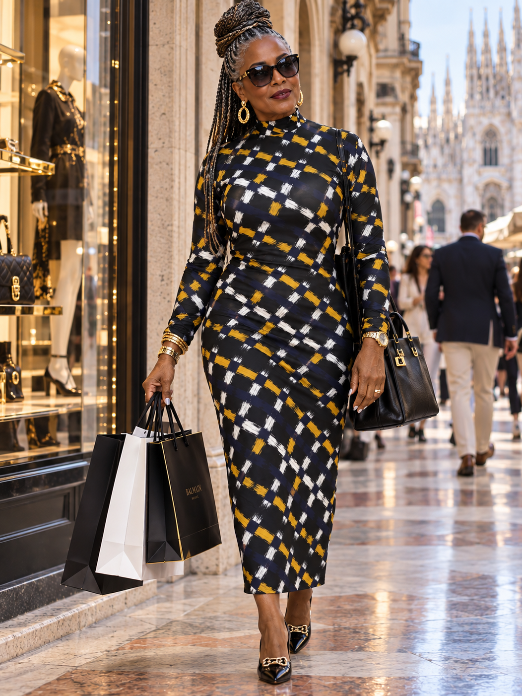 A woman walks down a city street wearing a long-sleeve mock-neck midi dress with a black, white, and mustard yellow geometric pattern. She is carrying black shopping bags and a black handbag.