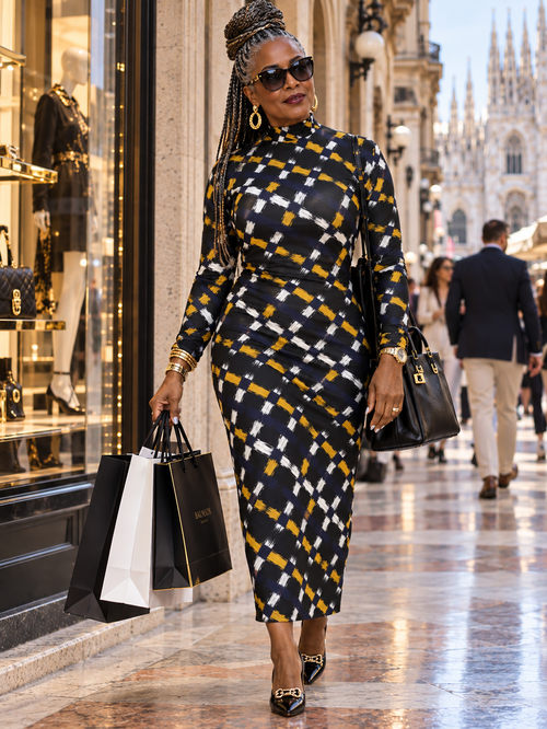 A woman walks down a city street wearing a long-sleeve mock-neck midi dress with a black, white, and mustard yellow geometric pattern. She is carrying black shopping bags and a black handbag.