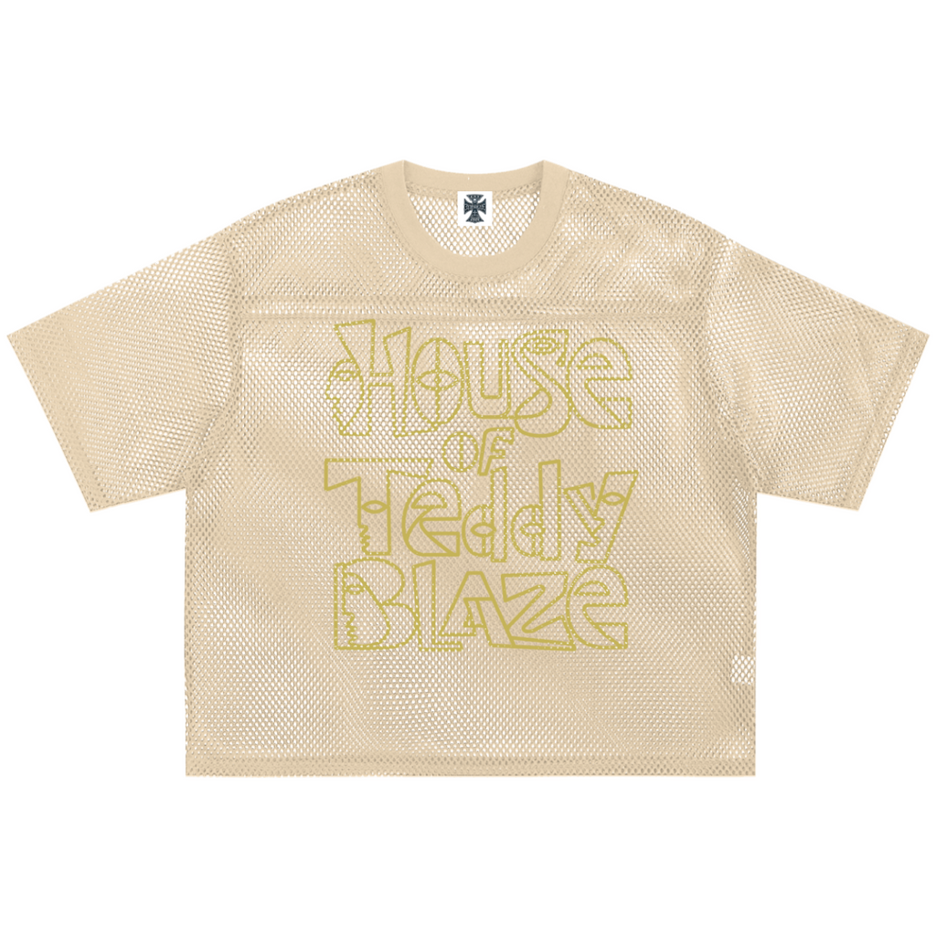 A short-sleeve beige mesh t-shirt featuring the words 'House of Teddy Blaze' printed in a matching beige mesh pattern across the front.