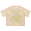 A short-sleeve beige mesh t-shirt featuring the words 'House of Teddy Blaze' printed in a matching beige mesh pattern across the front.