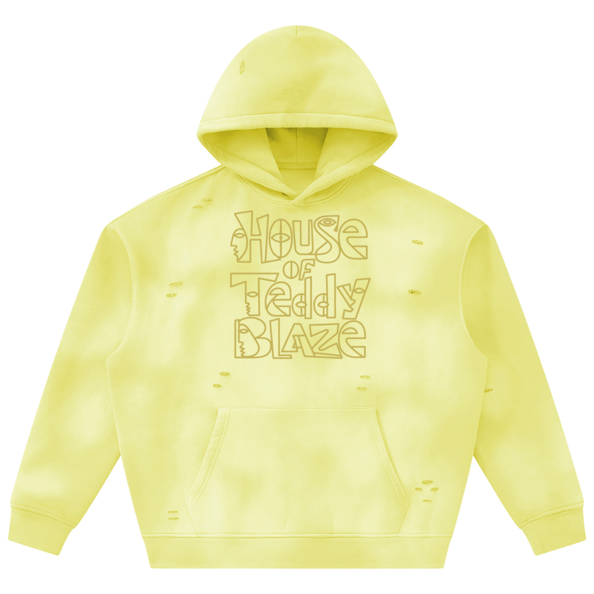 A pale yellow distressed hoodie with a tonal 'House of Teddy Blaze' graphic on the chest, displayed against a solid white background.