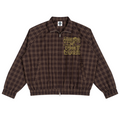A brown and black plaid zip-up jacket with a yellow 'House of Teddy Blaze' graphic on the chest, displayed flat against a white background.