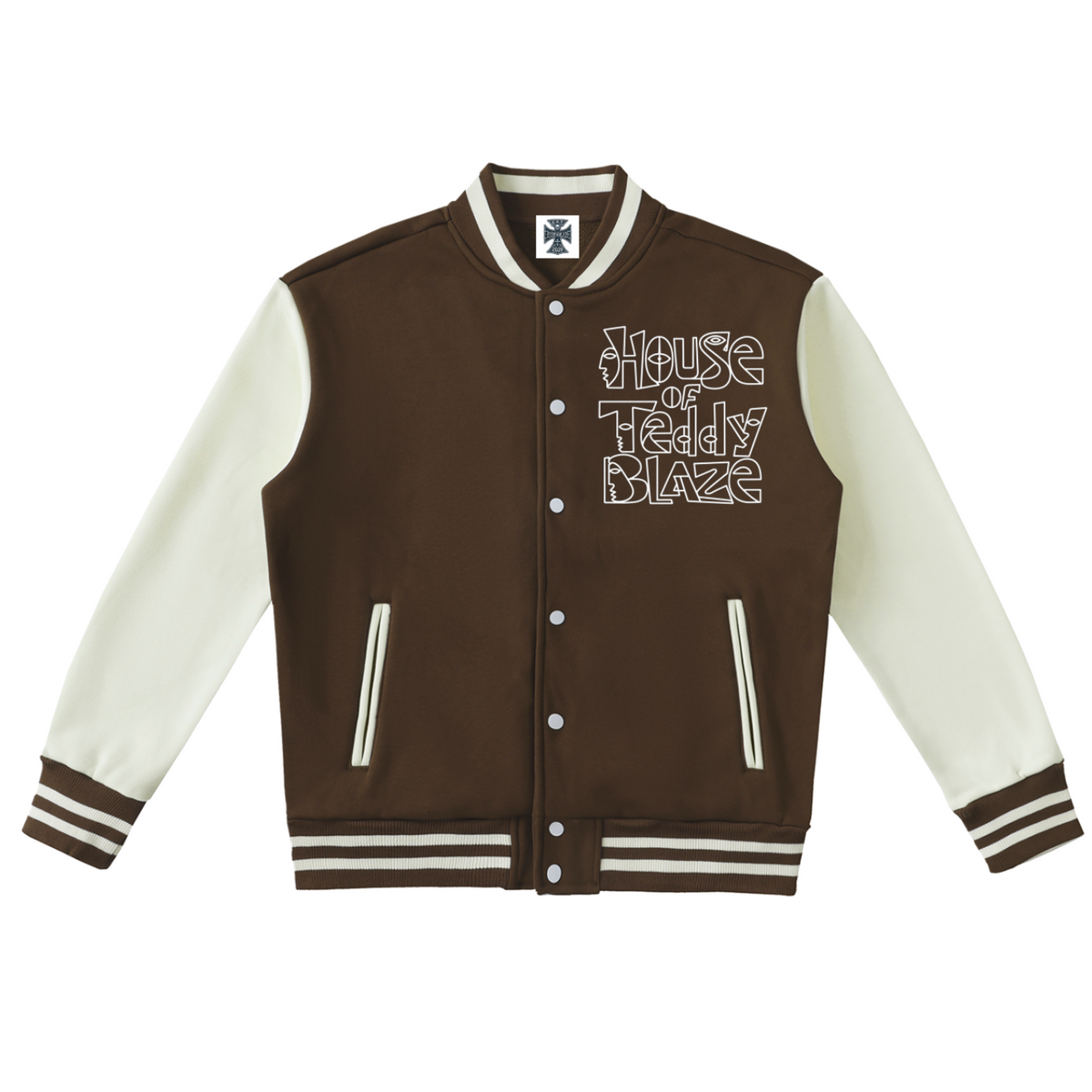 A brown and cream varsity jacket with 'House of Teddy Blaze' embroidered on the chest, displayed flat against a white background.