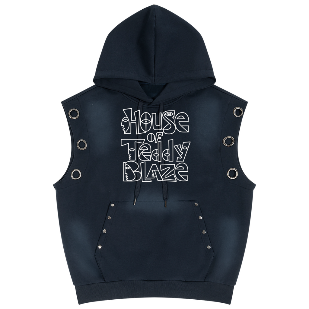 A sleeveless navy blue hooded vest with metal grommets and studs, featuring a white graphic text print that reads 'House of Teddy Blaze' on the chest, shown against a plain white background.