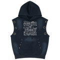 A sleeveless navy blue hooded vest with metal grommets and studs, featuring a white graphic text print that reads 'House of Teddy Blaze' on the chest, shown against a plain white background.