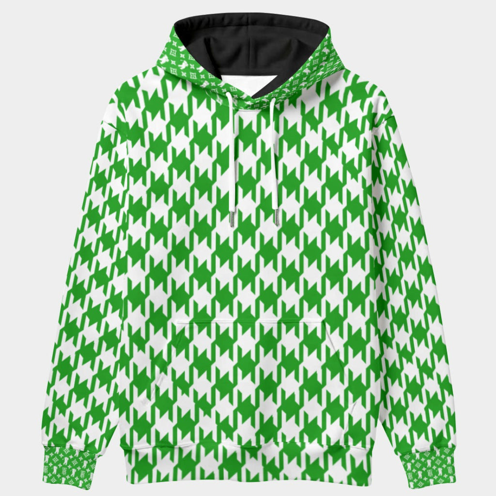 Shop the Iron + Ivy Houndstooth Cachet Pullover Hoodie by Teddy Blaze. High-tech scuba stretch hoodie featuring an enlarged green houndstooth pattern and RIG-B monogram cuffs and hood.