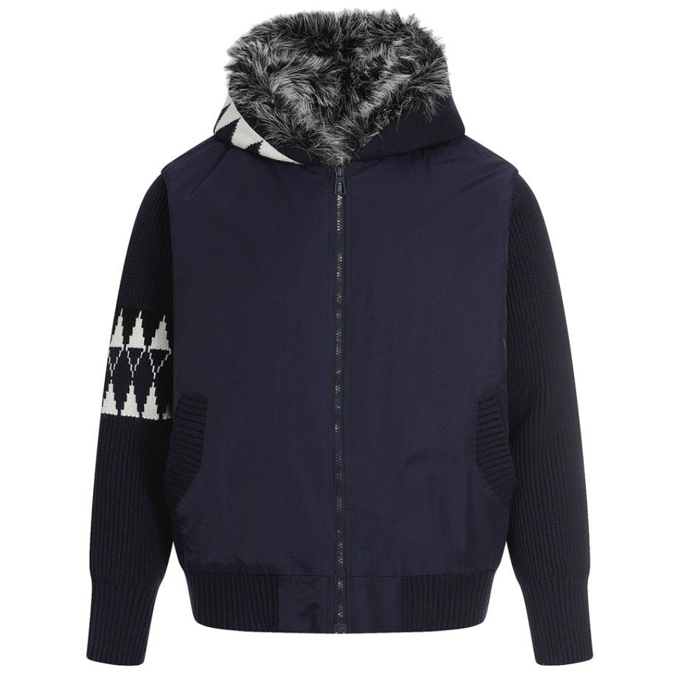 Elevate your luxury outerwear with the House of Teddy Blaze Hybrid Knit Faux Fur Hooded Jacket. Navy blue nylon and ribbed knit hybrid shell, insulated fill, faux fur hood lining, and geometric sleeve graphics. Shop NYC to Vegas style.