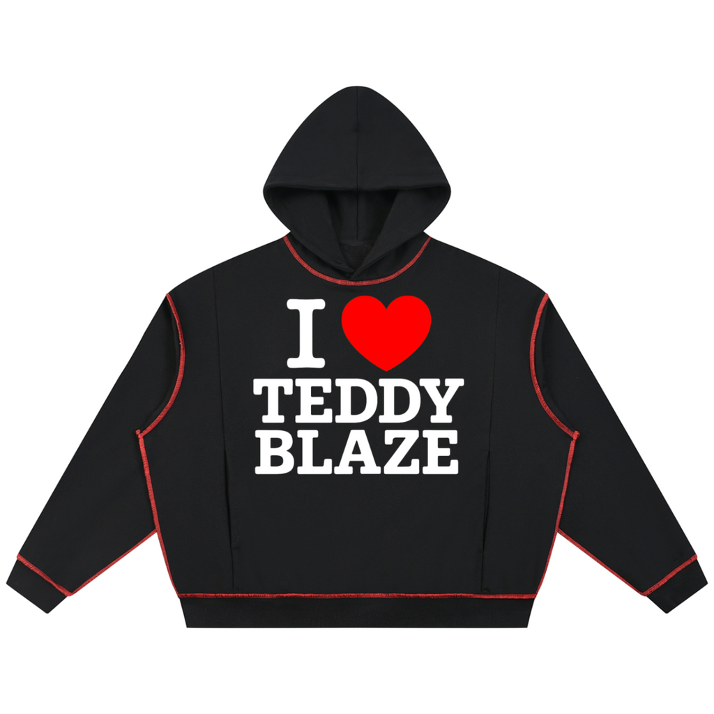 Elevate your statement hoodie collection with the House of Teddy Blaze I Love Teddy Blaze Topstitch Box Cut Fleece Hoodie. Black 420 gsm fleece, contrast red topstitch seams, boxy fit, and iconic red heart graphic. Shop NYC to Vegas style.