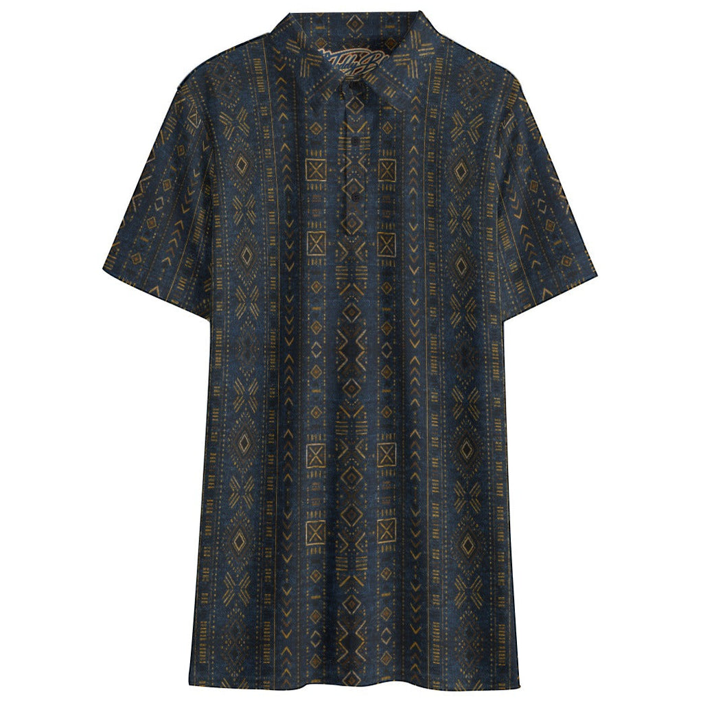Shop the Indigo Mudcloth Performance Golf Polo by Teddy Blaze. Breathable birdseye knit fabric featuring traditional geometric motifs in rich indigo tones.