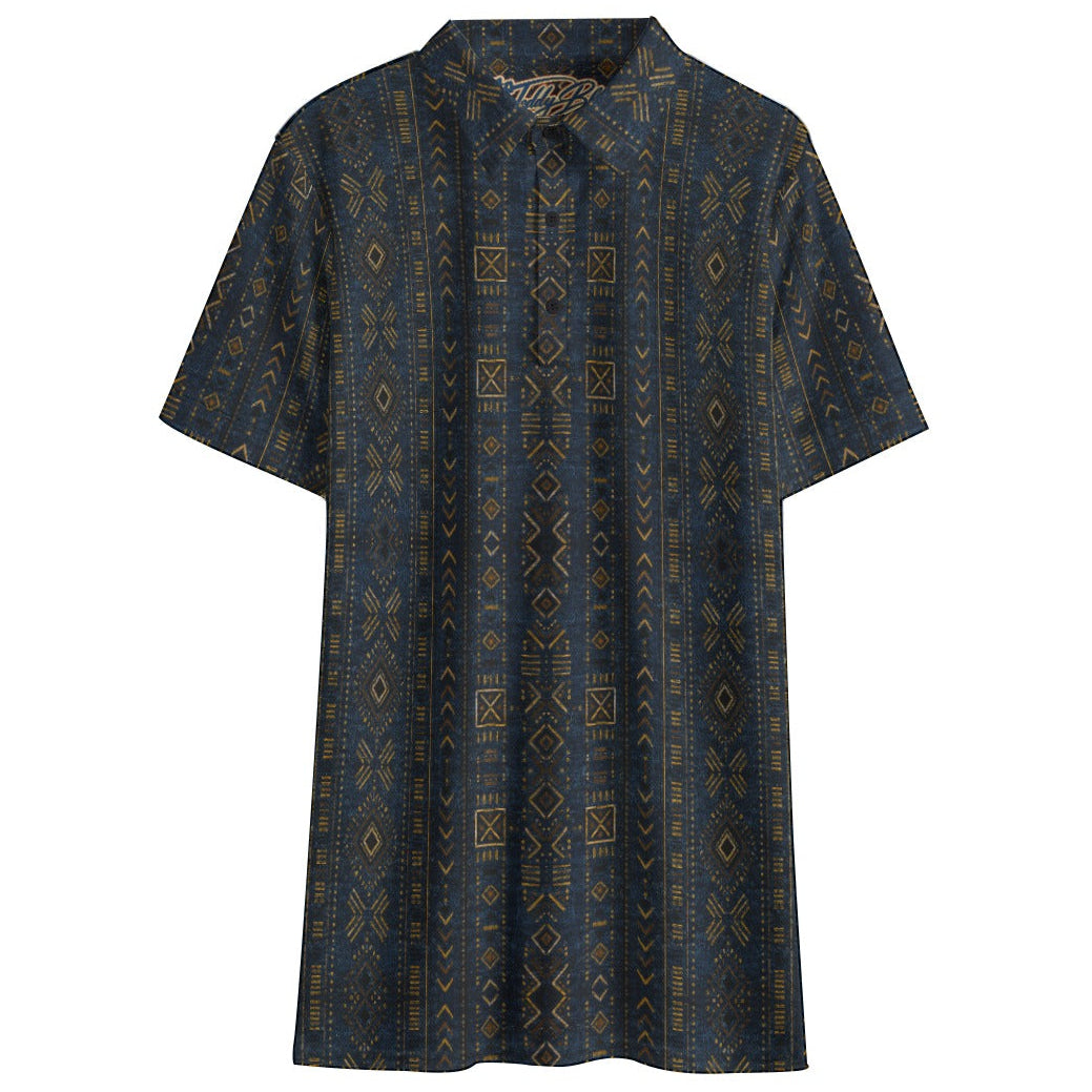 Shop the Indigo Mudcloth Performance Golf Polo by Teddy Blaze. Breathable birdseye knit fabric featuring traditional geometric motifs in rich indigo tones.