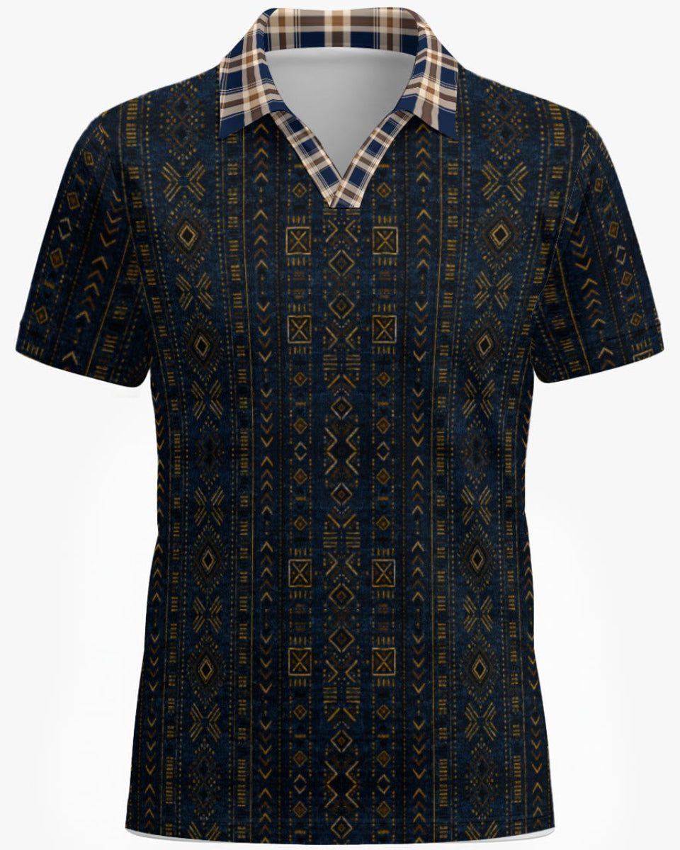Shop the Iron + Ivy Indigo Mudcloth & Plaid Mesh Open Polo by Teddy Blaze. Breathable mesh golf polo combining Malian Bògòlanfini mudcloth body prints with a contrast plaid open collar.