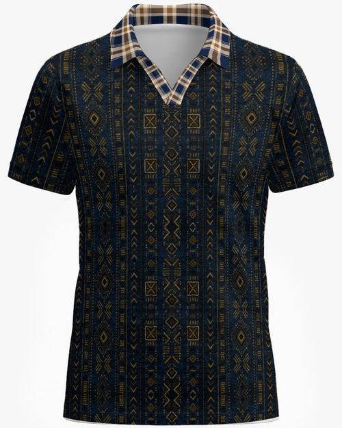 Shop the Iron + Ivy Indigo Mudcloth & Plaid Mesh Open Polo by Teddy Blaze. Breathable mesh golf polo combining Malian Bògòlanfini mudcloth body prints with a contrast plaid open collar.