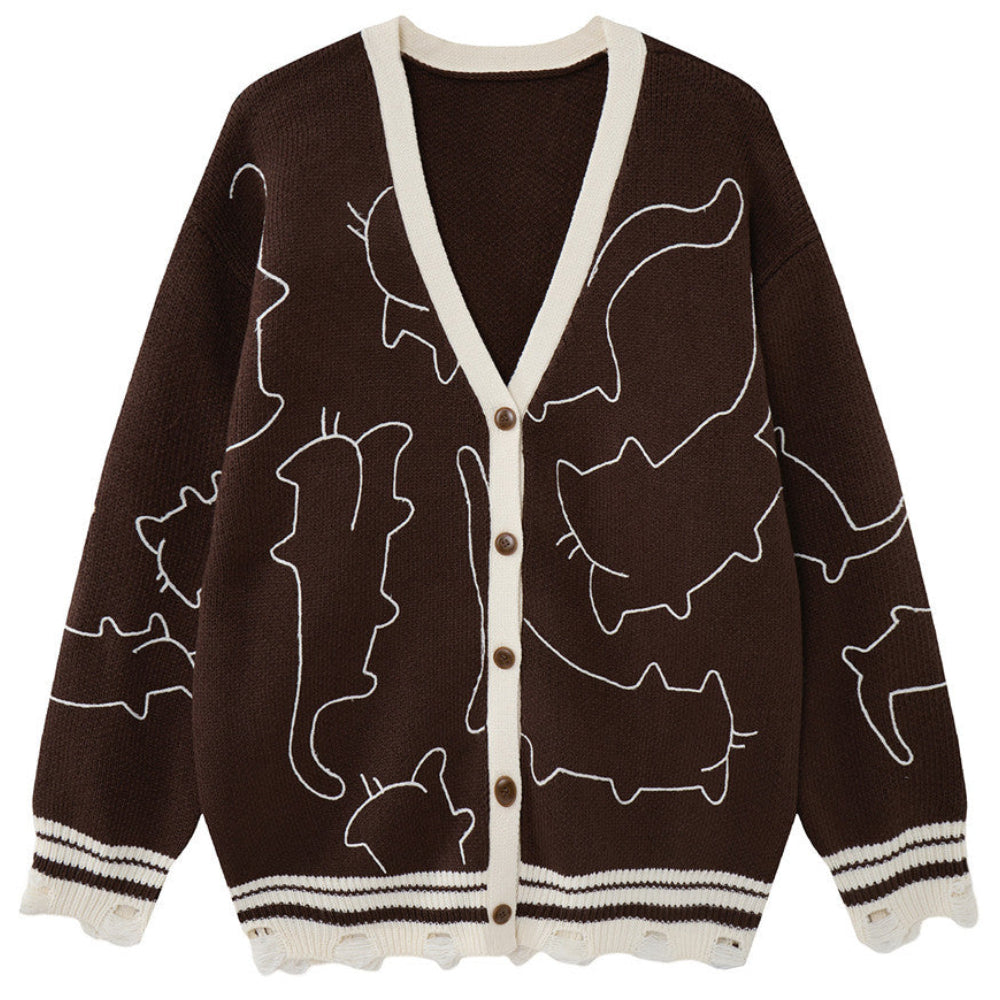 Shop the Iron + Ivy Abstract Feline Line-Art Cardigan by Teddy Blaze. Oversized coffee brown acrylic knit cardigan featuring contrast white line-art cat graphics and distressed hem detailing.