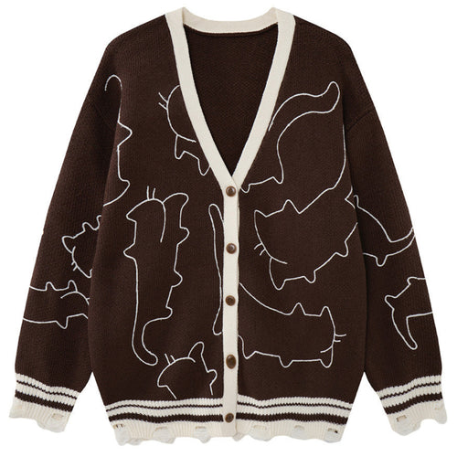 Shop the Iron + Ivy Abstract Feline Line-Art Cardigan by Teddy Blaze. Oversized coffee brown acrylic knit cardigan featuring contrast white line-art cat graphics and distressed hem detailing.