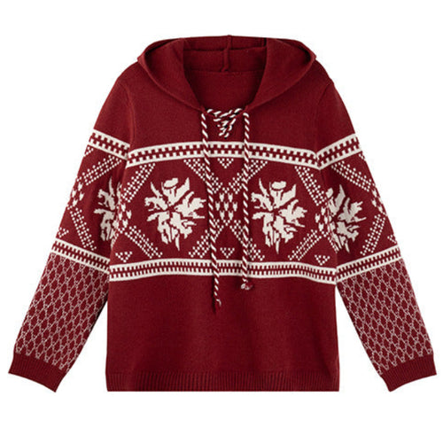 Shop the Iron + Ivy Alpine Snowflake Lace-Up Hooded Sweater by Teddy Blaze. Rich anchor red jacquard knit hooded sweater featuring snowflake motifs and a laced neck tie.