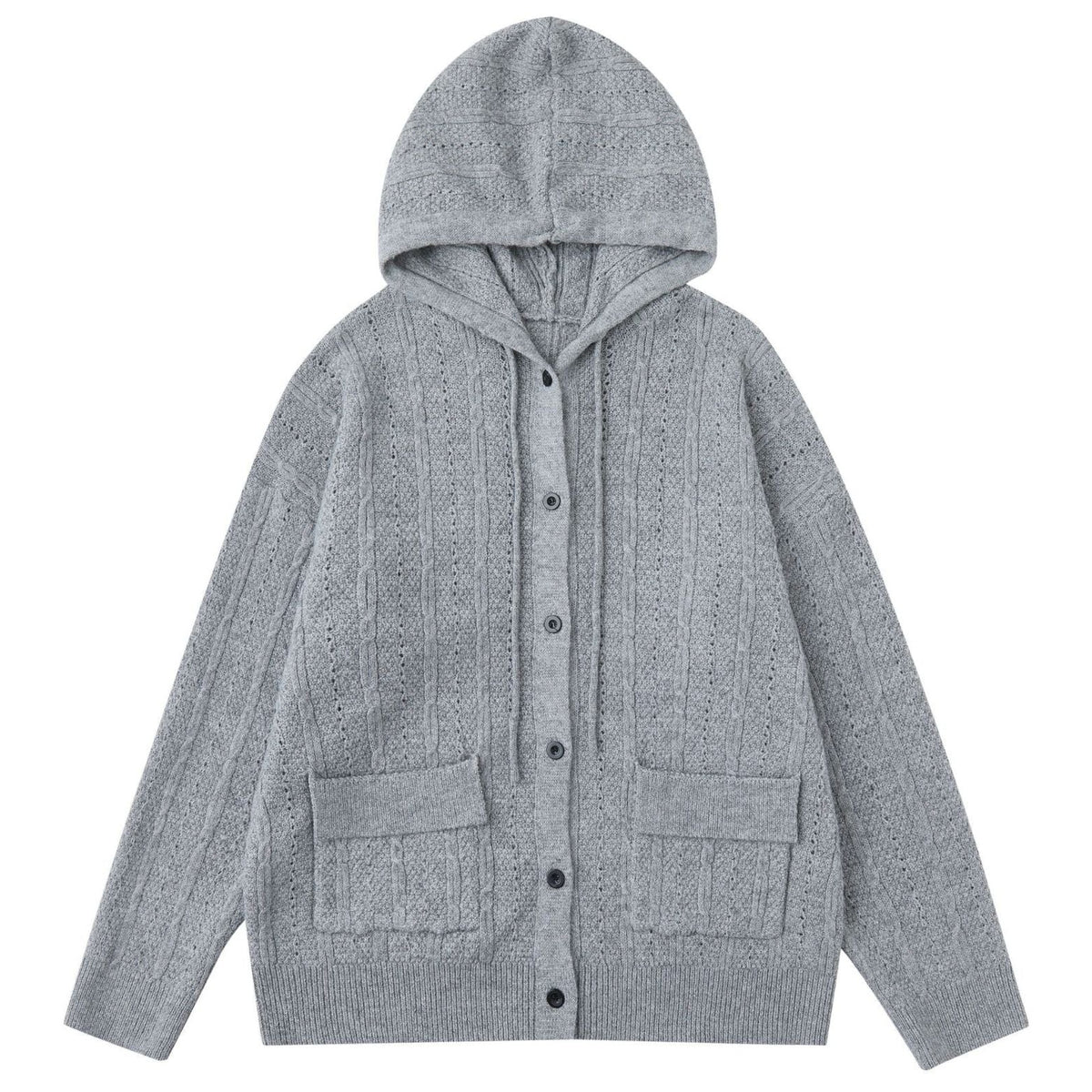 Shop the Iron + Ivy Button-Front Cable Knit Hooded Cardigan by Teddy Blaze. Plush acrylic jacquard knit hooded cardigan featuring front flap pockets and tonal button closure.