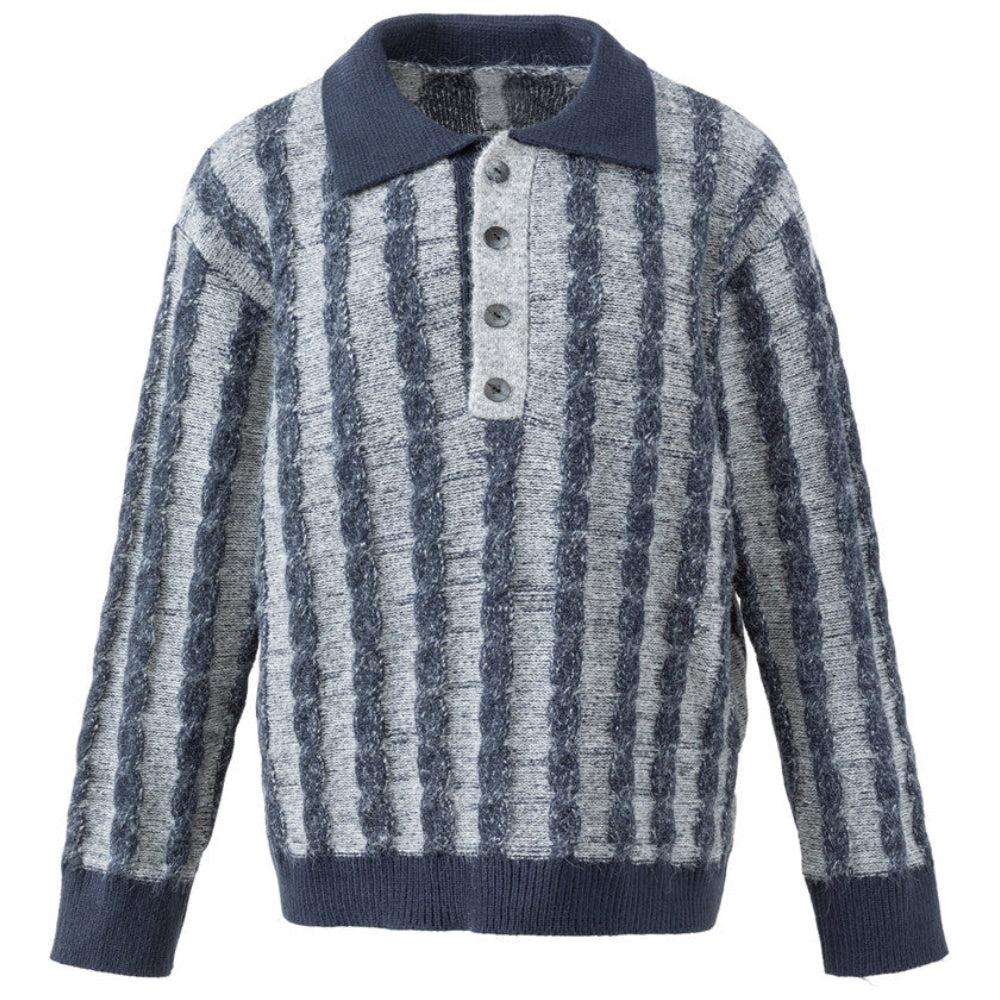 Shop the Iron + Ivy Cable Stripe Polo Sweater by Teddy Blaze. Loose fit navy blue and heather grey vertical cable-striped knit sweater with a buttoned polo collar.