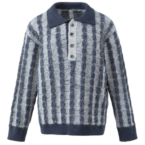 Shop the Iron + Ivy Cable Stripe Polo Sweater by Teddy Blaze. Loose fit navy blue and heather grey vertical cable-striped knit sweater with a buttoned polo collar.