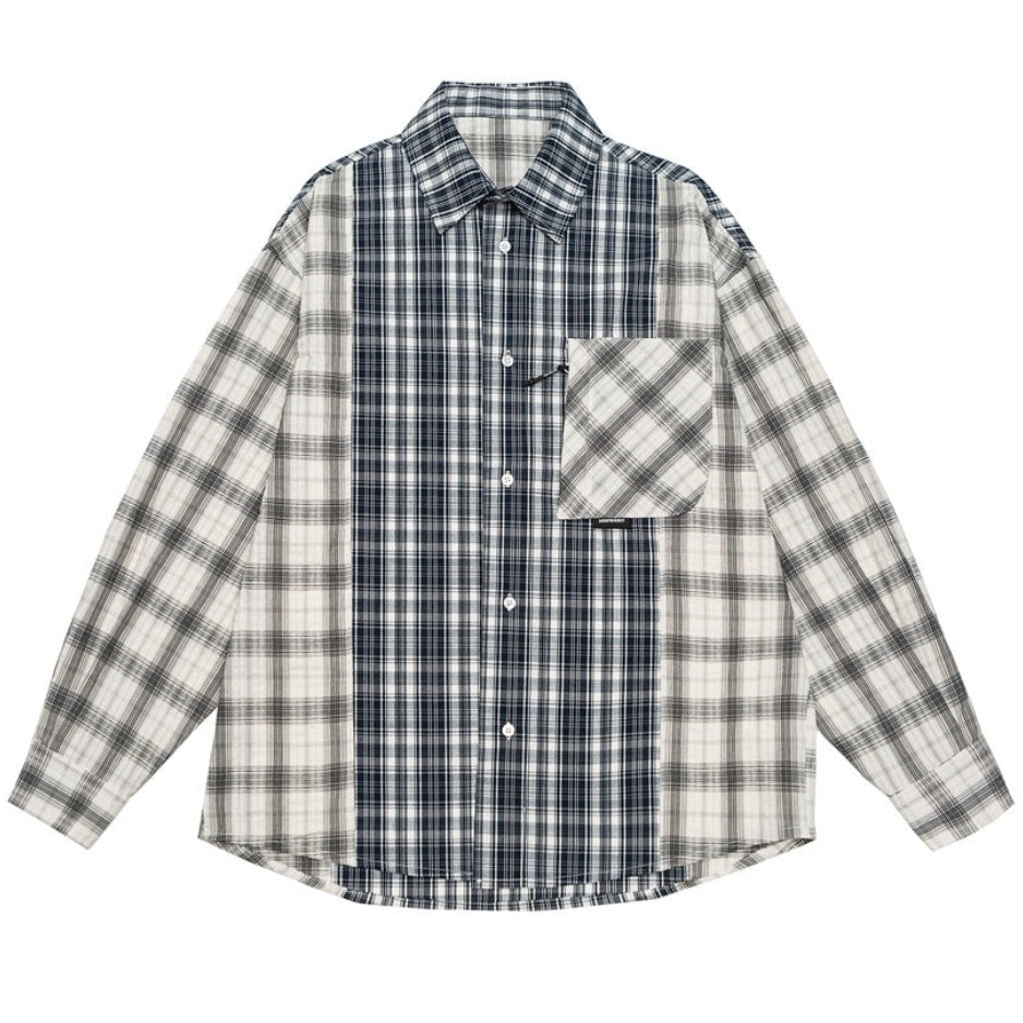 Shop the Iron + Ivy Colorblocked Panel Checkered Flannel Shirt by Teddy Blaze. Extended loose-fit cotton blend plaid shirt featuring vertical contrast placket paneling and a zip pocket.