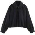 Shop the Iron + Ivy Cropped Wool-Blend Zip Jacket by Teddy Blaze. Women’s relaxed crop jacket in onyx black featuring a tailored lapel, full zip closure, and volume sleeves.