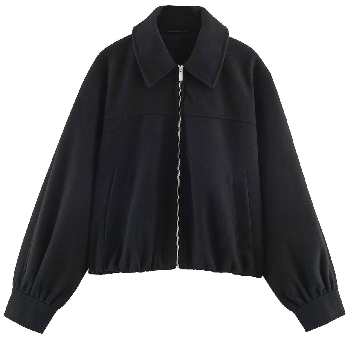 Shop the Iron + Ivy Cropped Wool-Blend Zip Jacket by Teddy Blaze. Women’s relaxed crop jacket in onyx black featuring a tailored lapel, full zip closure, and volume sleeves.