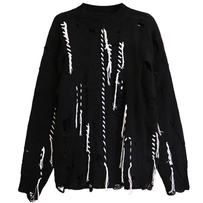 Shop the Iron + Ivy Distressed Contrast Stitch Knit Sweater by Teddy Blaze. Oversized black cotton-blend pullover featuring hand-woven contrast white threads and distressed hole details.