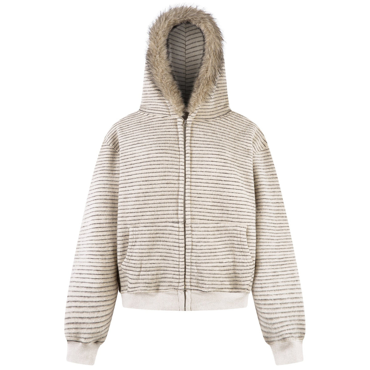 Shop the Iron + Ivy Faux Fur Trim Fleece Zip Hoodie by Teddy Blaze. Heavyweight dark grey striped fleece hoodie featuring a plush faux fur hood lining and full-zip closure.