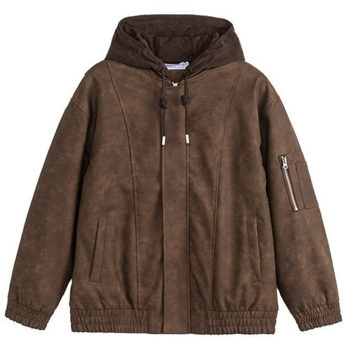 Shop the Iron + Ivy Faux Suede Hooded Bomber Jacket by Teddy Blaze. Oversized faux suede jacket featuring a contrast corduroy drawstring hood and zippered arm utility pocket.