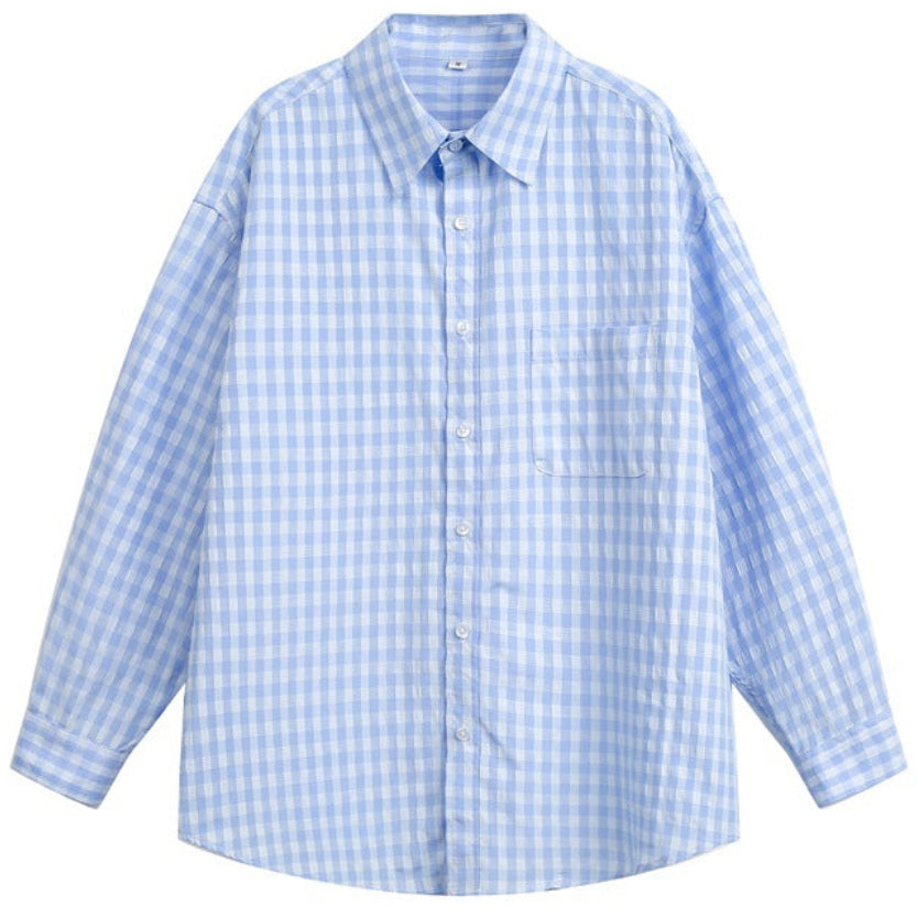 Shop the Iron + Ivy Gingham Check Oversized Shirt by Teddy Blaze. Lightweight sky blue and mint green gingham check button-down shirt with drop-shoulder fit.