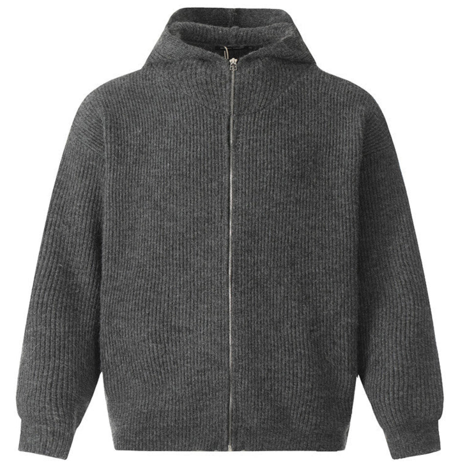 Shop the Iron + Ivy High-Neck Ribbed Knit Full-Zip Hoodie by Teddy Blaze. Heavyweight dark charcoal and jet black ribbed acrylic knit hoodie with a full-zip stand collar.
