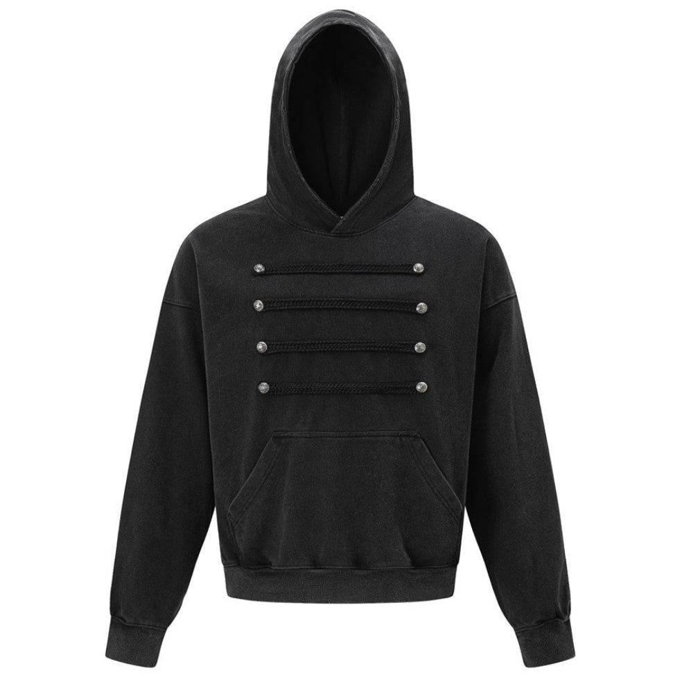 Shop the Iron + Ivy Hussier Frogged Pullover Hoodie by Teddy Blaze. Heavyweight washed black cotton-blend hoodie featuring military-inspired chest frogging and silver metallic hardware.