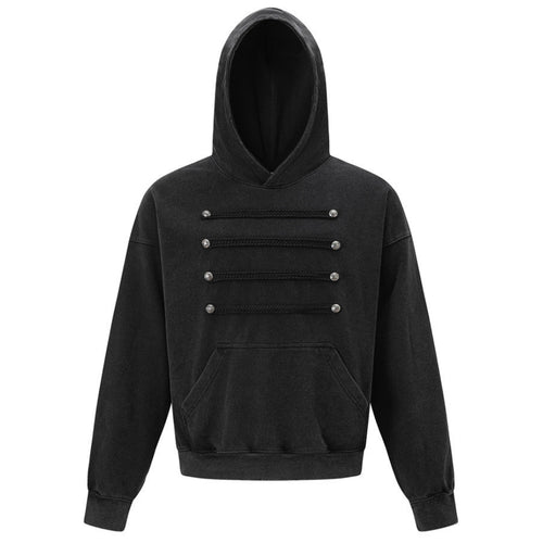 Shop the Iron + Ivy Hussier Frogged Pullover Hoodie by Teddy Blaze. Heavyweight washed black cotton-blend hoodie featuring military-inspired chest frogging and silver metallic hardware.