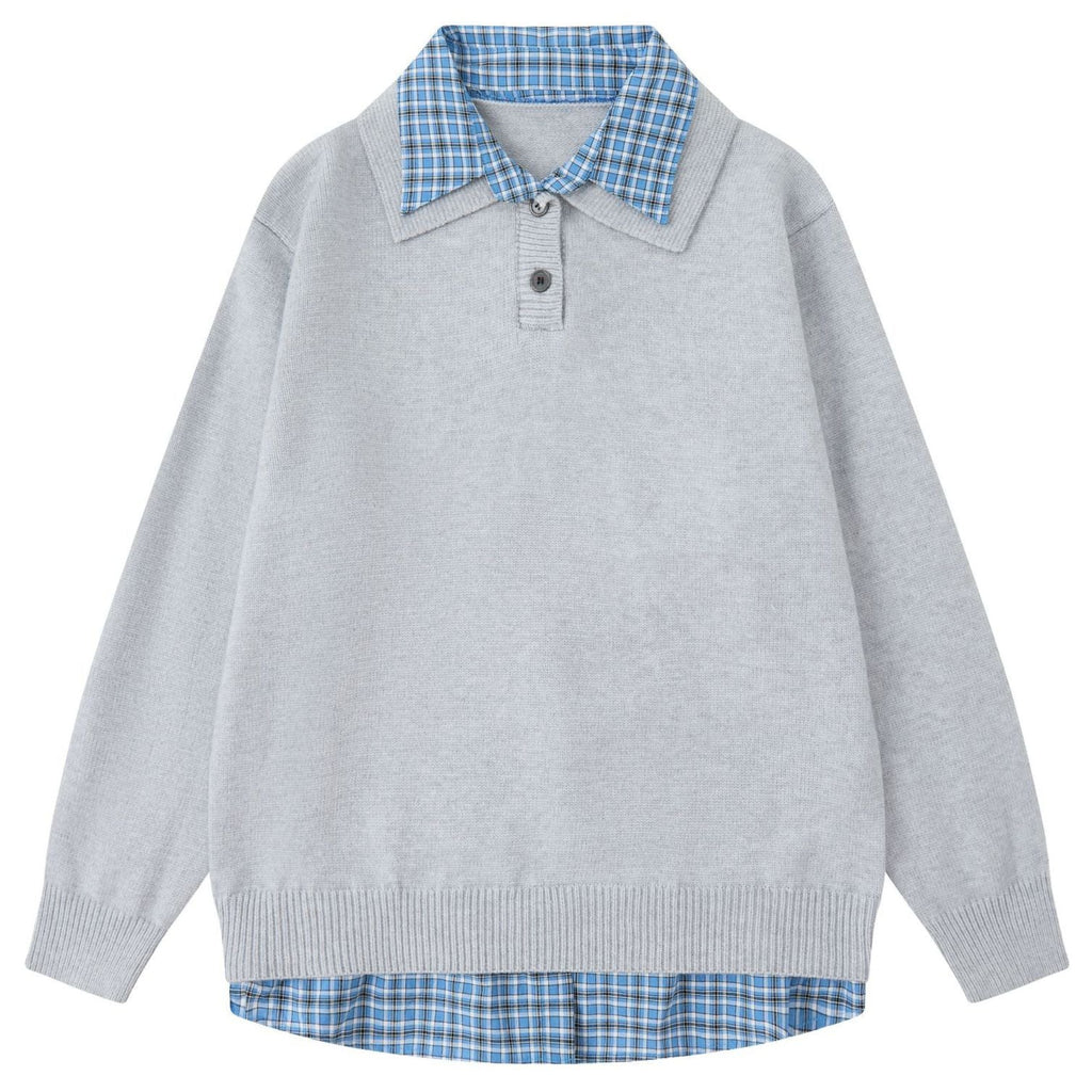 Shop the Iron + Ivy Layered Plaid Collar Polo Knit Sweater by Teddy Blaze. Preppy 2-in-1 layered cable knit sweater featuring an integrated plaid button-down collar and hem trim.