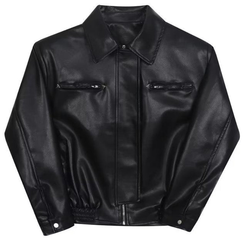 Shop the Iron + Ivy Matte Leather Point Collar Jacket by Teddy Blaze. Loose fit black PU leather jacket featuring a covered zip placket and dual horizontal zip chest pockets.