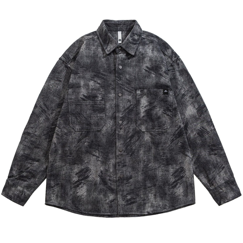 Shop the Iron + Ivy Mineral Wash Button-Down Overshirt by Teddy Blaze. Loose fit dark grey cotton-blend button-up featuring a distressed brushstroke wash and dual chest pockets.