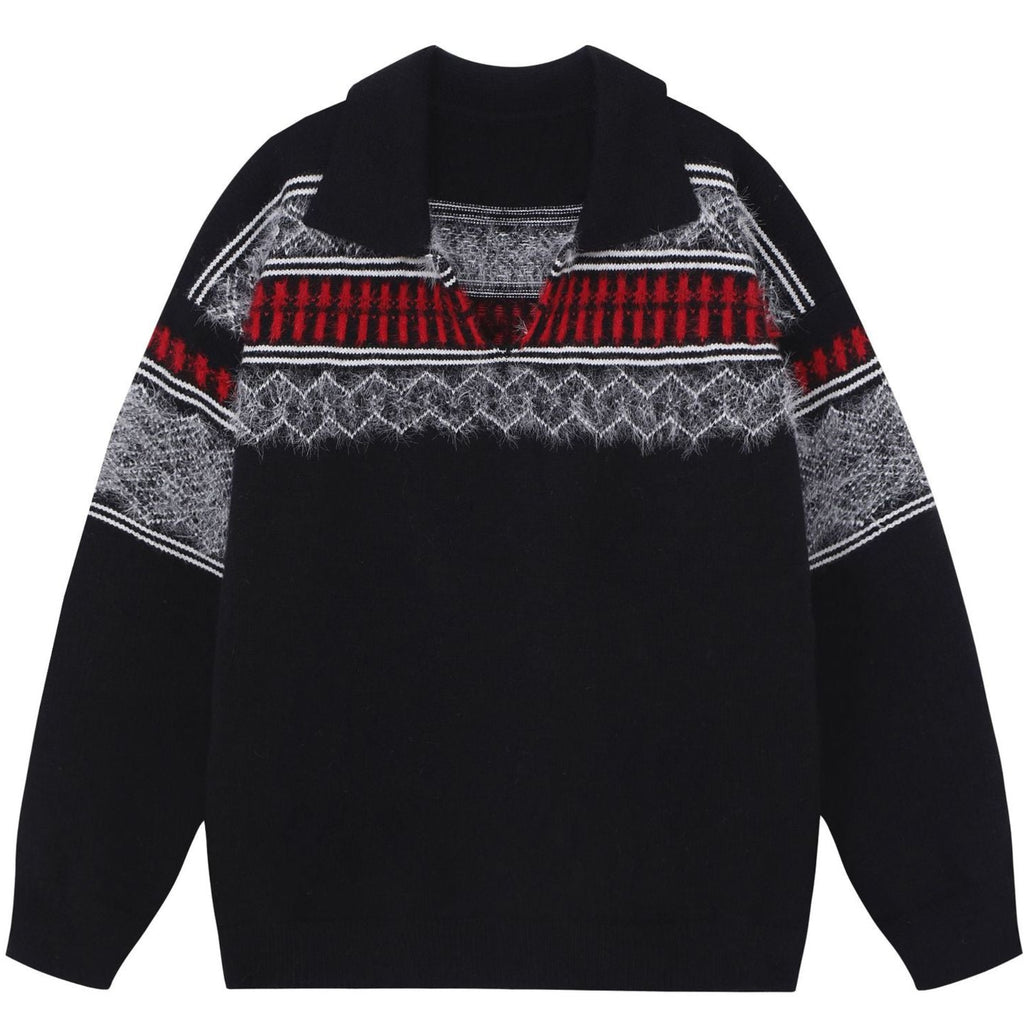 Shop the Iron + Ivy Nordic Brushed Yoke Polo Sweater by Teddy Blaze. Oversized black knit polo sweater featuring a plush mohair-textured Fair Isle chest yoke.