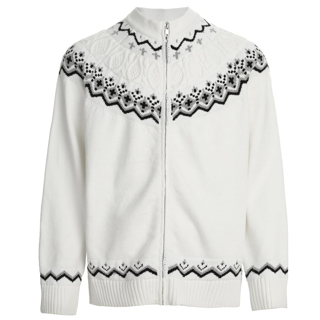Shop the Iron + Ivy Nordic Fair Isle Zip Knit Sweater by Teddy Blaze. Pristine white full-zip cardigan sweater featuring a black Nordic geometric yoke knit pattern.