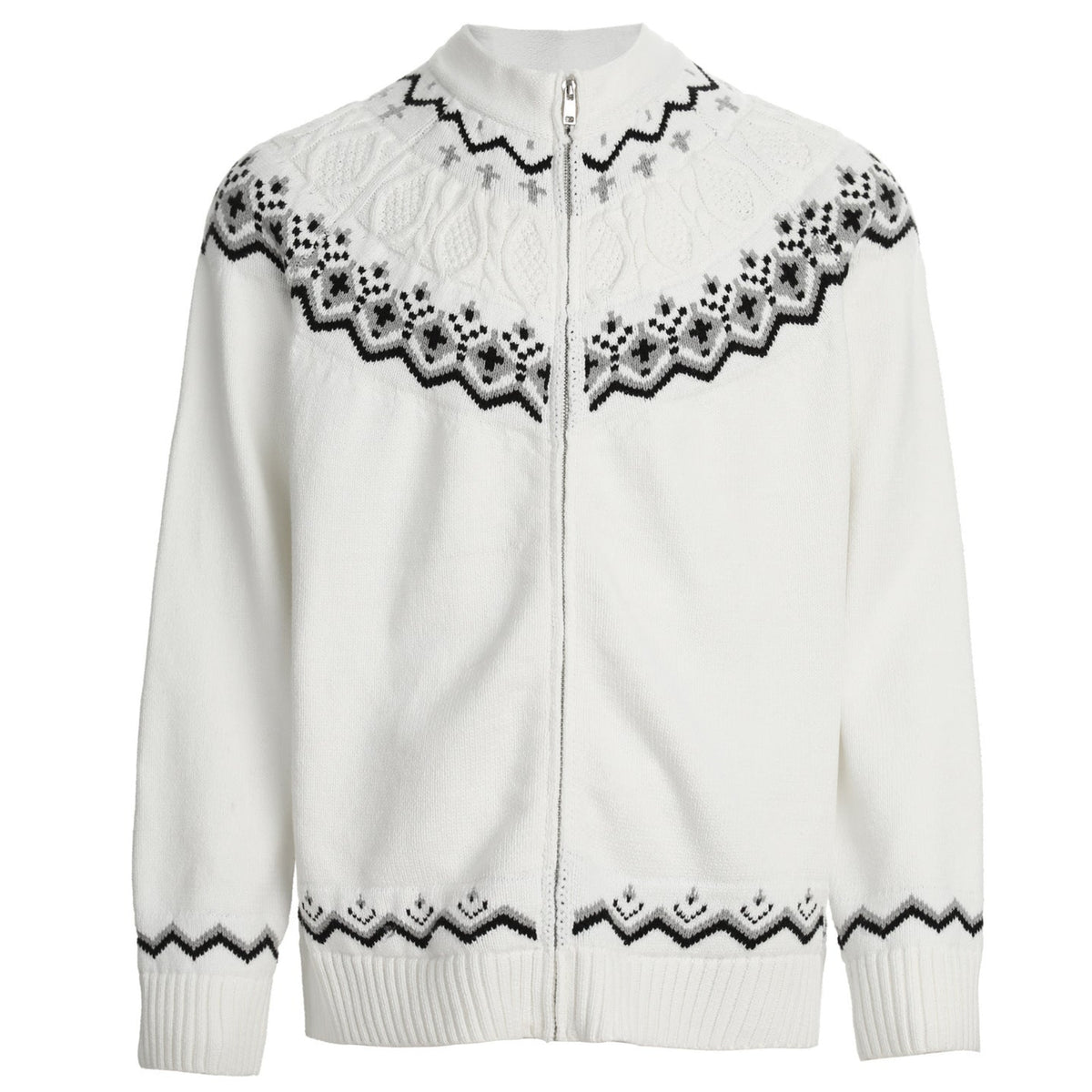 Shop the Iron + Ivy Nordic Fair Isle Zip Knit Sweater by Teddy Blaze. Pristine white full-zip cardigan sweater featuring a black Nordic geometric yoke knit pattern.