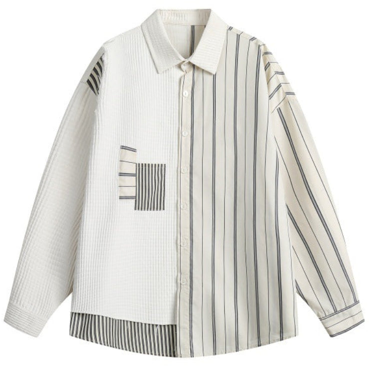 Shop the Iron + Ivy Patchwork Seersucker Pinstripe Overshirt by Teddy Blaze. Japanese workwear-inspired beige cotton-blend shirt featuring asymmetrical striped textures.