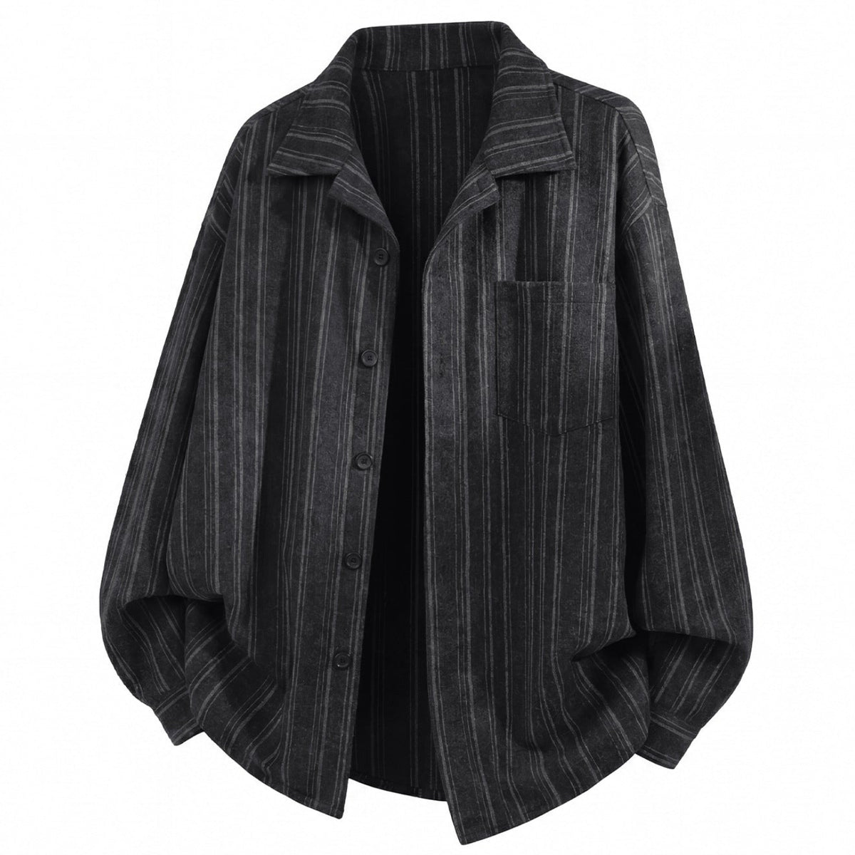 Shop the Iron + Ivy Pinstripe Camp Collar Overshirt by Teddy Blaze. Loose fit dark grey pinstripe woven button-down featuring a camp collar and chest pocket.