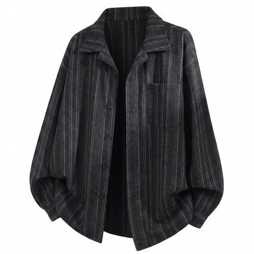 Shop the Iron + Ivy Pinstripe Camp Collar Overshirt by Teddy Blaze. Loose fit dark grey pinstripe woven button-down featuring a camp collar and chest pocket.