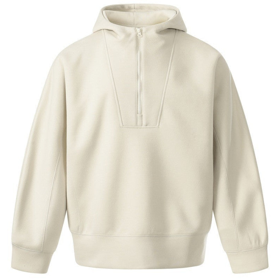 Shop the Iron + Ivy Quarter-Zip Hooded Stand Collar Pullover by Teddy Blaze. Heavyweight dark blue cotton-blend pullover featuring an elongated chest placket and integrated stand hood.