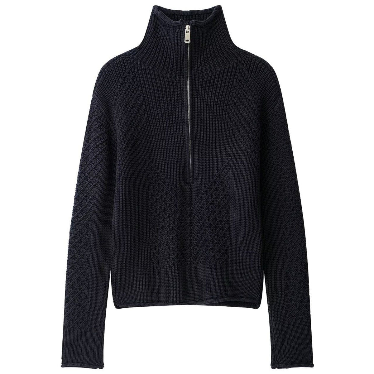 Shop the Iron + Ivy Quarter-Zip Ribbed Knit Sweater by Teddy Blaze. Heavyweight knitted cotton pullover featuring a high stand collar, chevron ribbing, and silver zip hardware.
