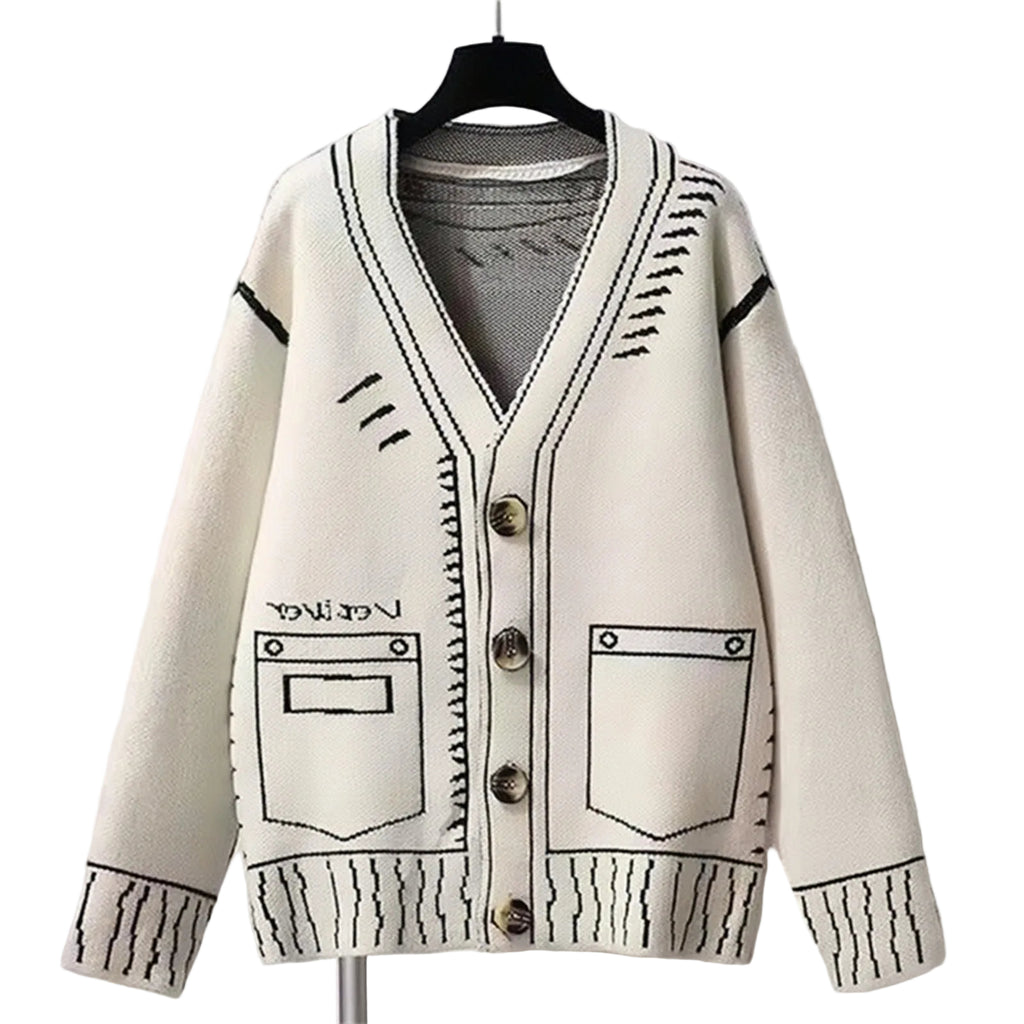 Shop the Iron + Ivy Sketch Graphic Oversized Knit Cardigan by Teddy Blaze. Off-white wool-blend V-neck cardigan featuring trompe-l'œil hand-drawn contrast embroidery details.