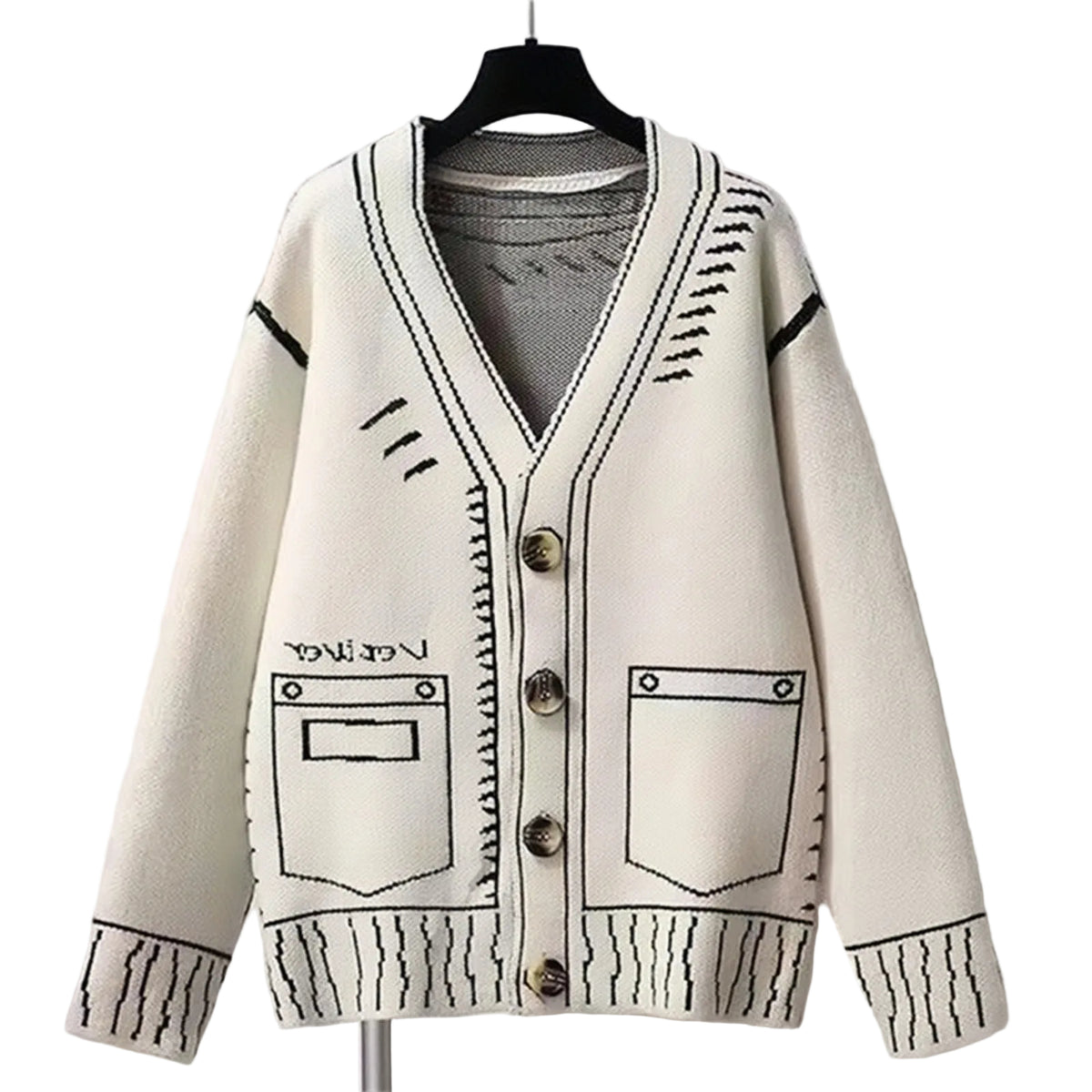 Shop the Iron + Ivy Sketch Graphic Oversized Knit Cardigan by Teddy Blaze. Off-white wool-blend V-neck cardigan featuring trompe-l'œil hand-drawn contrast embroidery details.