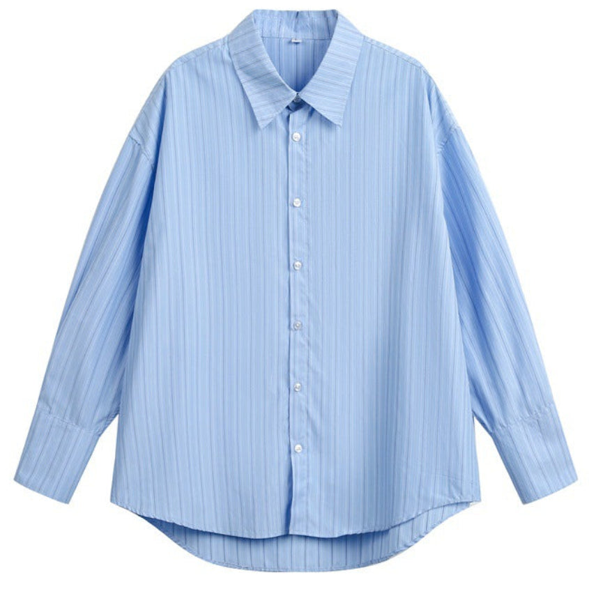 Shop the Iron + Ivy Vertical Pinstripe Oversized Oxford Shirt by Teddy Blaze. Generous loose-fit pastel pink and sky blue striped button-down overshirt with drop shoulders.